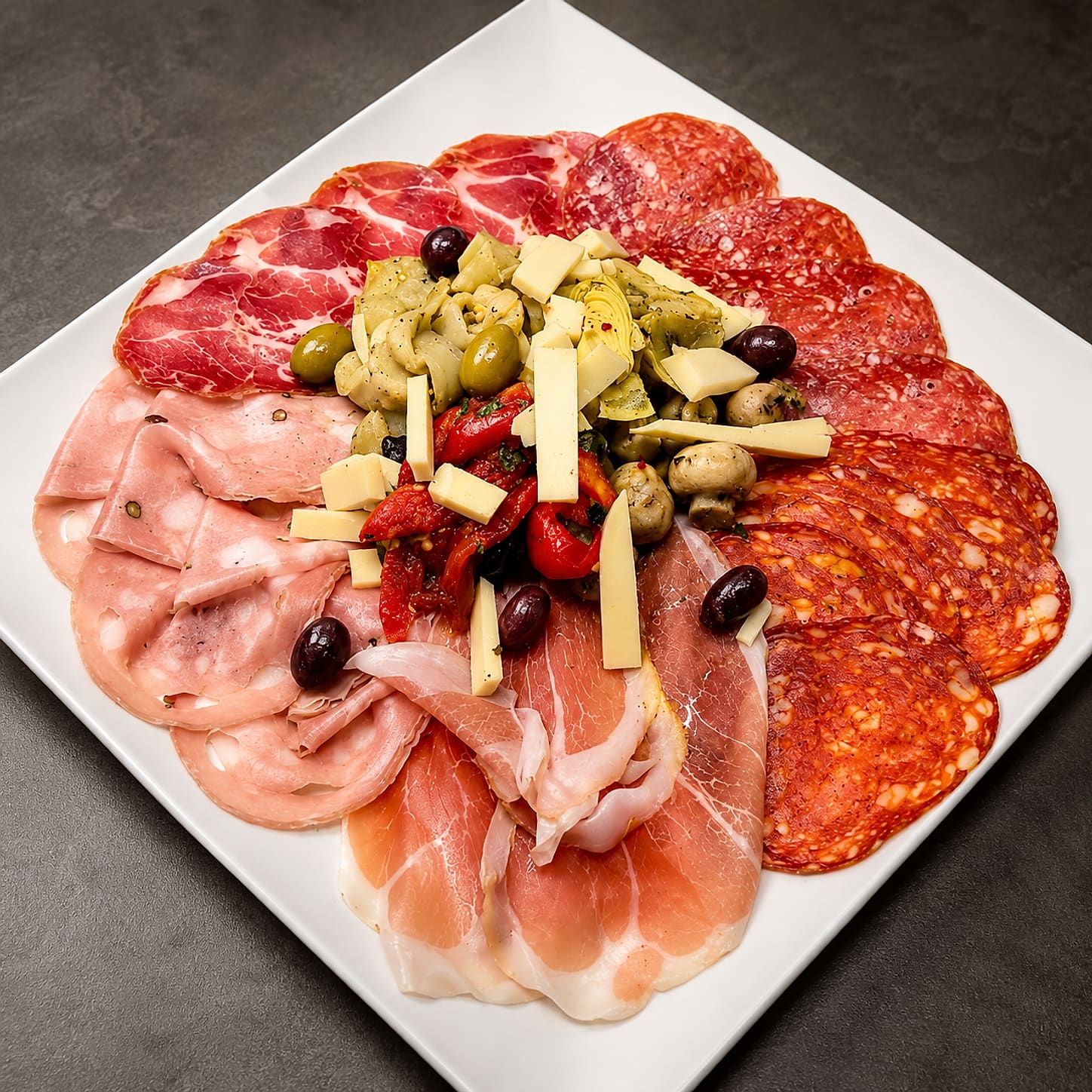 A platter of prosciutto, salami and other cured meats fanned around marinated artichoke hearts, olives, roasted peppers and cubes of cheese.