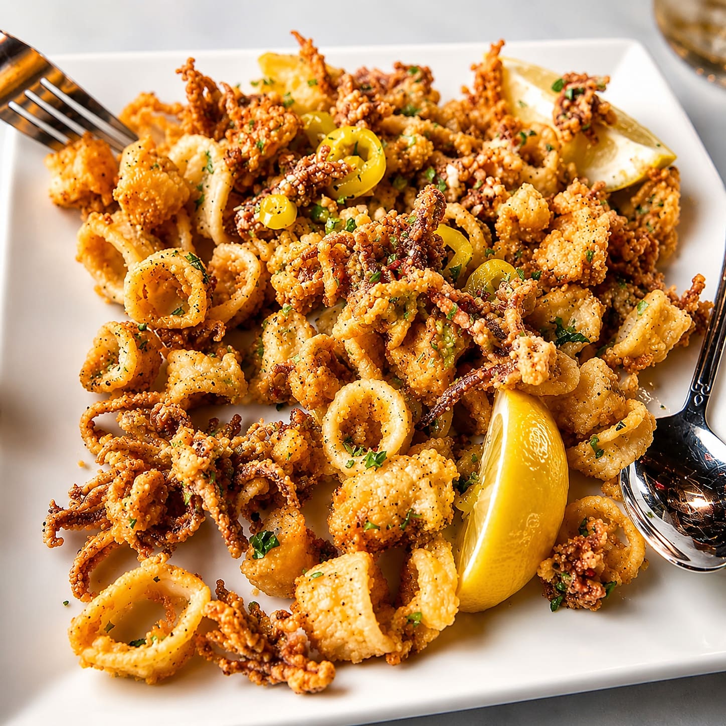 A heaped plate of fried calamari rings and tentacles with sliced hot cherry peppers and a wedge of lemon.