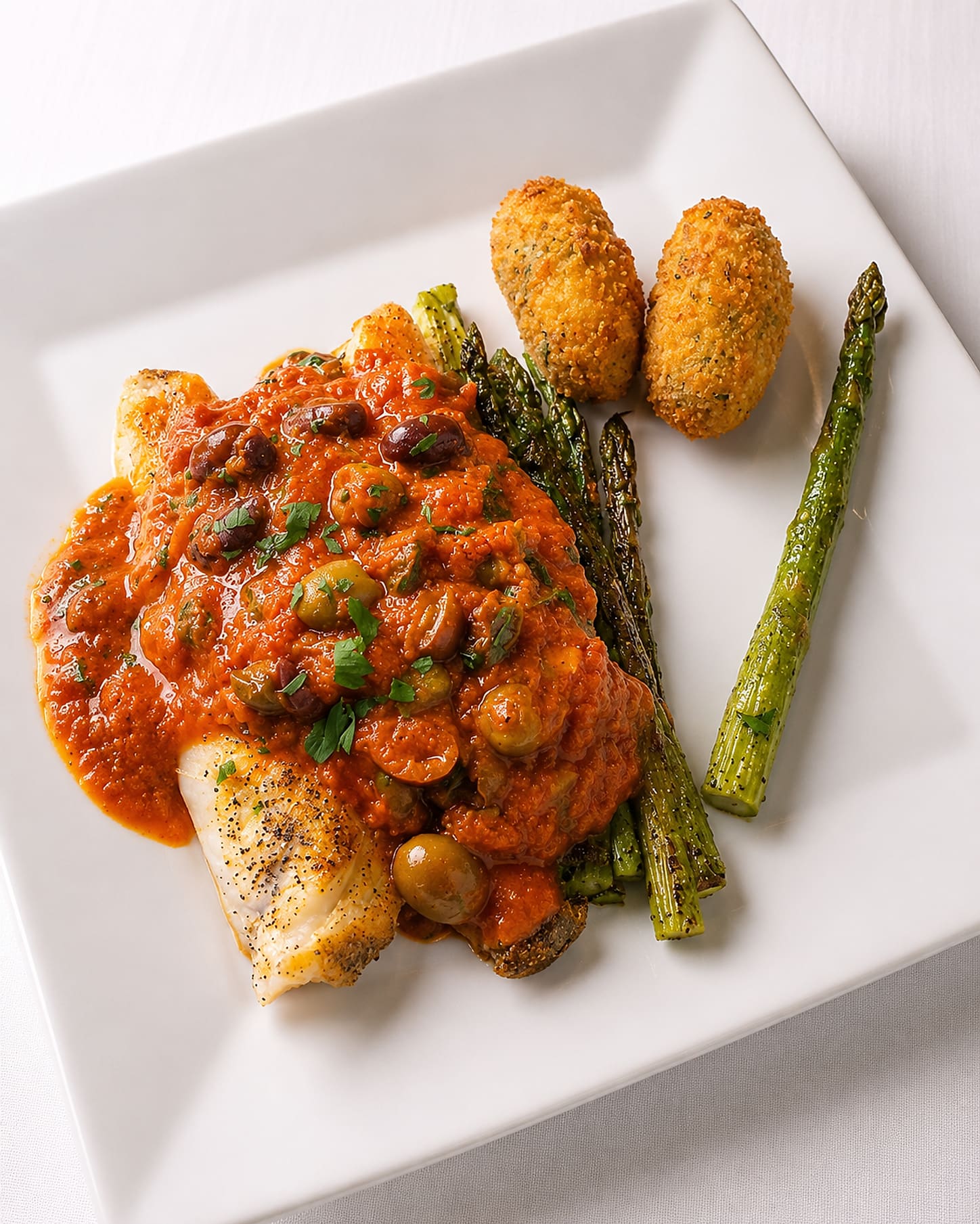 A white fish fillet under a tomato sauce with olives and capers, with asparagus and two croquettes.