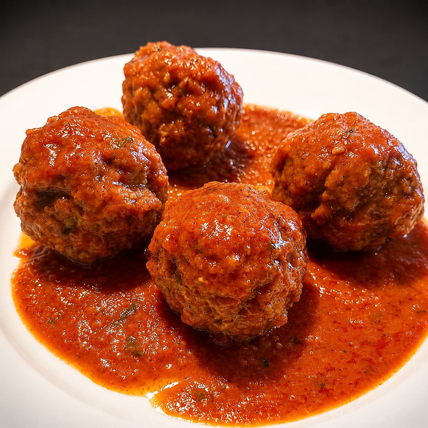 Four large meatballs in a plain tomato sauce on a white plate.