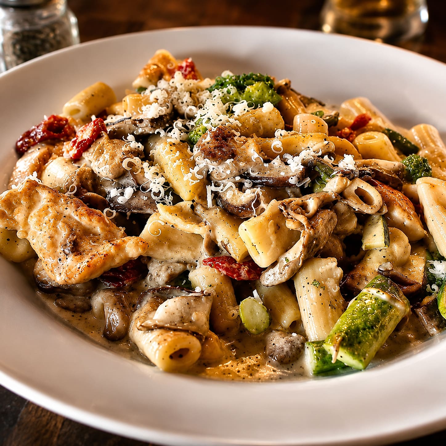 Short pasta tossed with mushrooms, sun-dried tomatoes, courgette and grated cheese in a wide bowl.