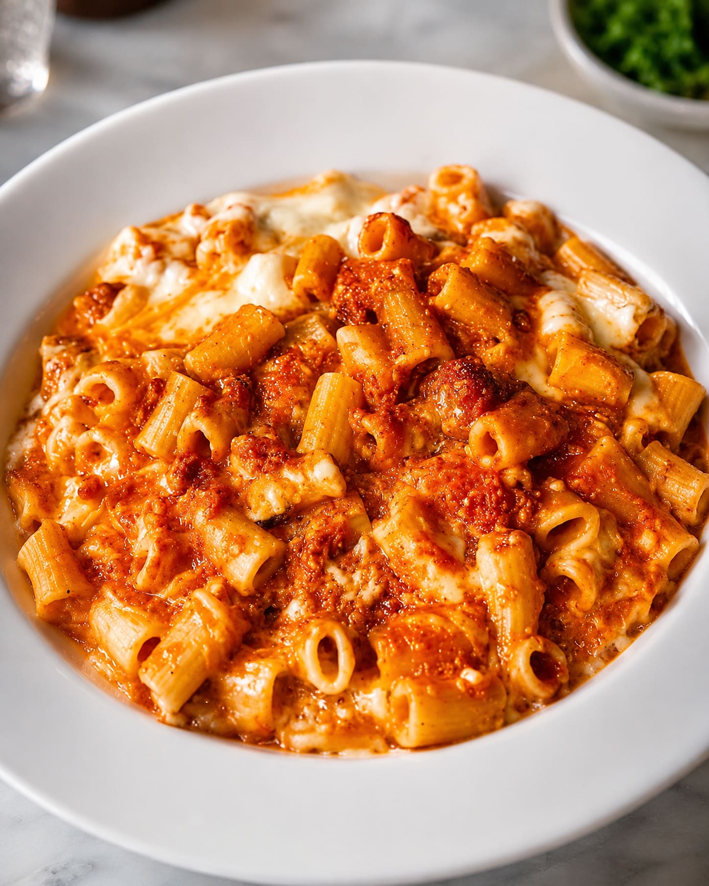 A wide white bowl of homemade rigatoni in a tomato cream sauce with mozzarella melted through it.