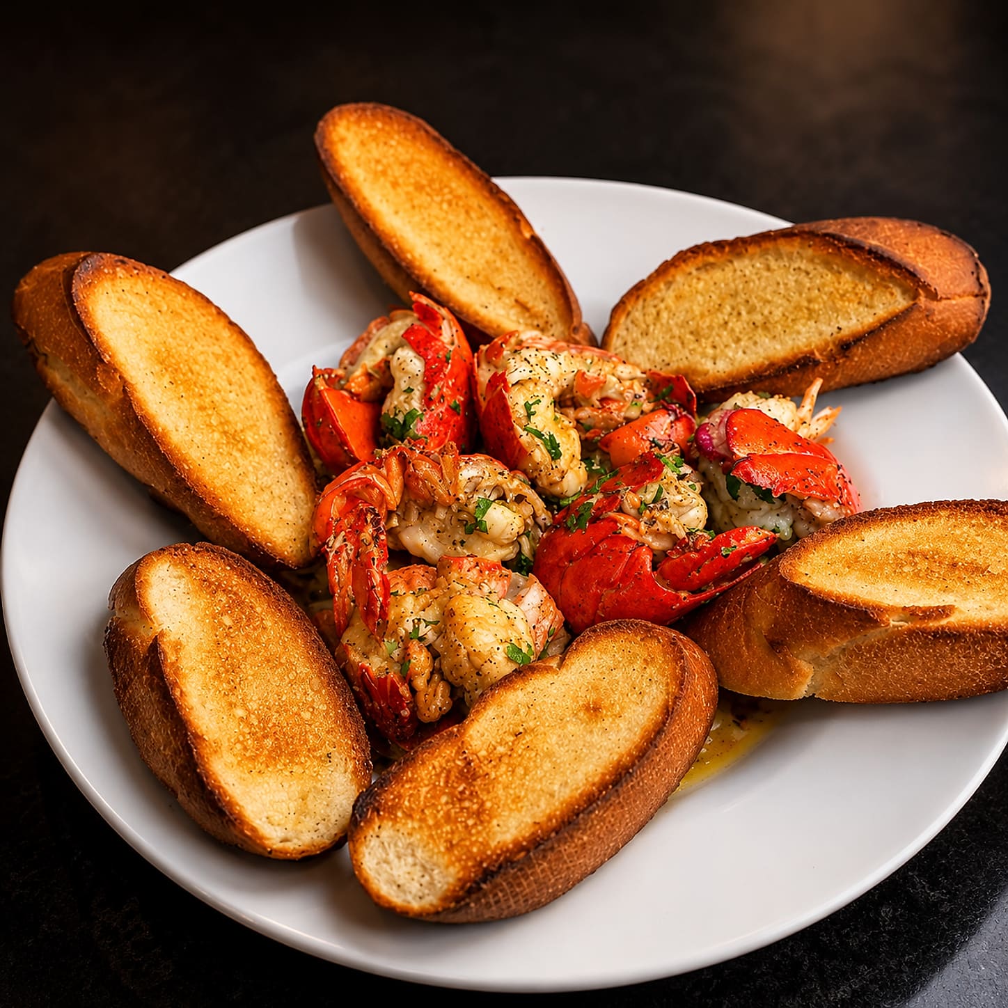 Shrimp in garlic and olive oil in the middle of a plate ringed with toasted bread points.