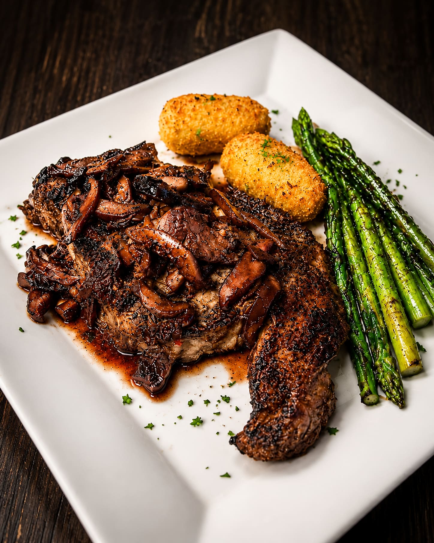 A charred steak under sautéed mushrooms and onions on a rectangular plate, with asparagus and croquettes.